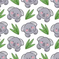A seamless pattern featuring adorable kawaii koala faces against a white background, complemented by eucalyptus leaves. This charming design brings a playful and vibrant touch vector
