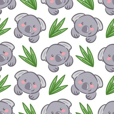 A seamless pattern featuring adorable kawaii koala faces against a white background, complemented by eucalyptus leaves. This charming design brings a playful and vibrant touch
