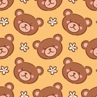 seamless pattern featuring adorable kawaii bear faces on a warm yellow background adorned with daisies. playful design brings a sense of joy and warmth, perfect for products aimed at children themes. vector