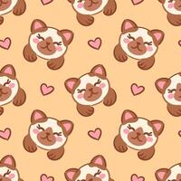 seamless pattern showcasing charming kawaii kitten faces on a soft beige background, accented with cute hearts. This delightful design adds a playful touch, for childrens products or cheerful decor. vector