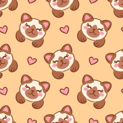 seamless pattern showcasing charming kawaii kitten faces on a soft beige background, accented with cute hearts. This delightful design adds a playful touch, for childrens products or cheerful decor.