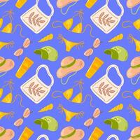 A seamless pattern design featuring stylish shoppers, trendy sunglasses, caps, chic hats, vibrant bikinis, and sunscreen bottles, representing a playful summer theme perfect for beach-related projects vector