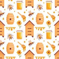 A charming seamless pattern featuring beehives, bees, honey, and colorful flowers. This delightful design captures the beauty of nature and the harmony of pollination, perfect for various vector