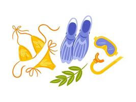 This illustration showcases a vibrant bikini, colorful fins, a diving mask, and a snorkel, perfect for beach and underwater adventures. The playful design evokes a sense of summer fun and vector