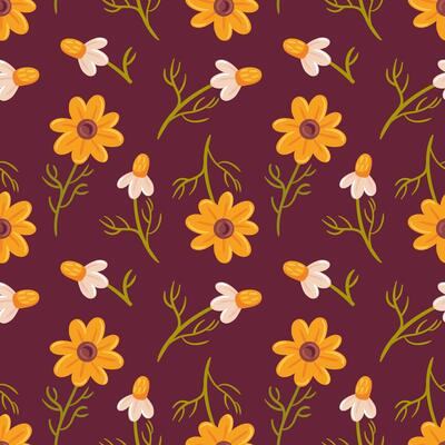 A seamless cottagecore pattern featuring delicate daisies and vibrant yellow flowers against a rich dark background, evoking a whimsical, nostalgic atmosphere perfect for nature-inspired designs.