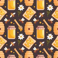 A seamless pattern featuring honey jars, honey toast, daisies, and bees on a dark background. This charming design captures the sweetness of nature, perfect for packaging, textiles, and cheerful decor vector