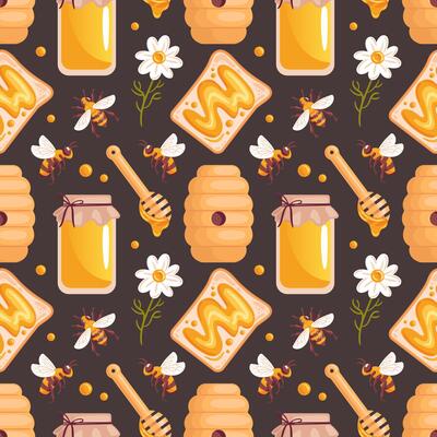 A seamless pattern featuring honey jars, honey toast, daisies, and bees on a dark background. This charming design captures the sweetness of nature, perfect for packaging, textiles, and cheerful decor