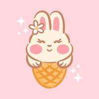 illustration features a cute and funny kawaii rabbit adorned with a flower on its head, sitting inside a ice cream cone. design exudes charm and playfulness, perfect for cheerful designs. vector
