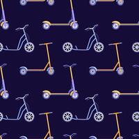 This seamless pattern features an array of scooters on a dark background, creating a dynamic and trendy design. The playful arrangement showcases various scooter styles, ideal for modern vector