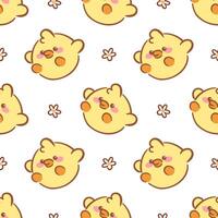 A seamless pattern showcasing adorable kawaii yellow chicks, each with charming expressions and playful poses, surrounded by colorful eggs and floral elements, perfect for playful designs vector