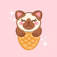 A cute and playful Siamese kitten in a waffle ice cream cone, exuding kawaii charm. The kitten s big expressive eyes and playful pose bring joy, making this illustration perfect for a whimsical design vector