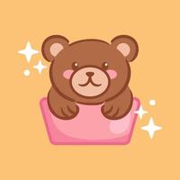 illustration features a cute and funny kawaii bear sitting snugly in a pink ice cream cup adorned with stars. The charming design radiates joy and whimsy, perfect for playful art projects. vector