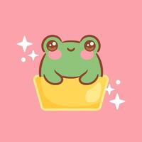 cute and funny kawaii frog in a yellow ice cream cup, surrounded by sparkling stars. Its cheerful expression and bright colors create a delightful and whimsical illustration perfect for joyful designs vector