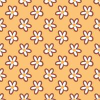 A vibrant orange background adorned with a repeating pattern of white daisies with brown outlines and yellow centers, creating a cheerful and playful design. vector