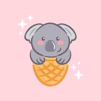 A cute funny kawaii koala in a waffle cone filled with ice cream. Its playful expression and delightful features make this illustration charming and appealing, perfect for bright and cheerful designs. vector