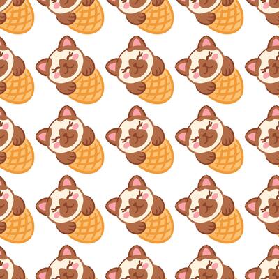 A seamless pattern featuring adorable kawaii kitten faces in ice cream cones. This adorable design adds a playful touch to baby products or fun decor.