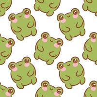 seamless pattern featuring adorable kawaii green frogs, each with cheerful expressions and playful poses, surrounded by whimsical lily pads, water droplets, perfect for fun designs and childrens decor vector