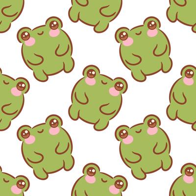 seamless pattern featuring adorable kawaii green frogs, each with cheerful expressions and playful poses, surrounded by whimsical lily pads, water droplets, perfect for fun designs and childrens decor
