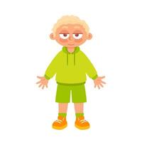 curly-haired blonde boy dressed in green attire, sporting a gentle, serene smile. His joyful expression exudes warmth and peace, capturing the innocence and happiness of youth. vector