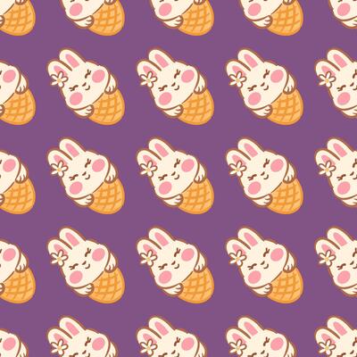 A seamless pattern featuring adorable kawaii bunny faces in ice cream cones. This adorable design adds a playful touch to baby products or fun decor.