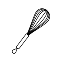 A simple line drawing of a kitchen whisk features a long handle and looped wires cutouts png