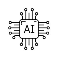 A stylized computer chip design features the letters AI at its center, surrounded by interconnected lines and nodes. cutouts png