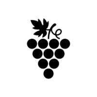 A simple black silhouette of a grape cluster shows round grapes arranged in a triangular formation, topped with a leaf and vine. cutouts png