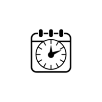 A minimalist icon features a clock set within a square shape resembling a calendar, suggesting concepts of scheduling or time management. cutouts png