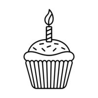 A simple black line drawing depicts a cupcake with a single lit candle on top. cutouts png