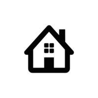 A simple house icon is depicted with a triangular roof, chimney, and small windows above a door cutouts png