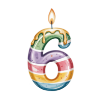 A colorful candle shaped like the number 6 is decorated with stripes and small spheres. cutouts png