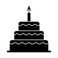 A three-tiered cake with a single lit candle on top is depicted in a simple black silhouette style cutouts png