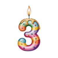 A colorful candle shaped like the number 3 is decorated with stripes and small spheres. cutouts png
