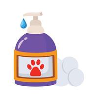 A 2d icon of gentle pet shampoo bottle with a paw on it vector