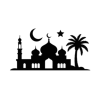 A mosque silhouette stands against acrescent moon and star, along with a palm tree cutouts png