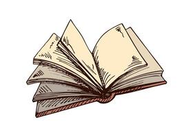 Hand drawn sketch of open book with flipping pages in brown ink, detailed color engraving style vector
