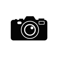 A black silhouette of a camera, showcasing the basic elements such as the lens and viewfinder. cutouts png