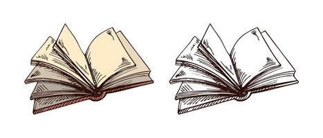 Hand drawn sketch of open book with flipping blank pages in brown ink, color and monochrome set vector