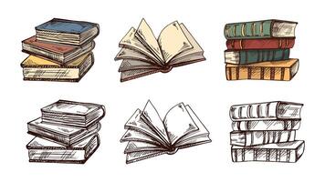 Hand drawn vintage sketch set of closed and open books in color and monochrome engraving style, collection vector