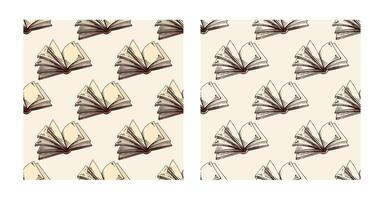 Hand-drawn vintage seamless pattern set of open book with turning pages in color and monochrome style vector