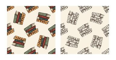 Hand drawn vintage seamless pattern set of stacked books in engraving style with colored and monochrome versions vector