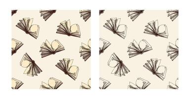 Hand drawn seamless pattern set of open book with turning pages in color and monochrome style vector