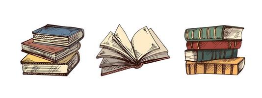 Hand drawn vintage sketch set of open and closed books in color, classic engraving style illustration vector