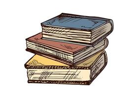 Hand drawn vintage sketch of colorful stack of closed books with textured covers, classic engraving style vector