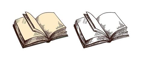 Hand-drawn vintage sketch of open book with flipping blank pages in brown ink, color and monochrome set vector
