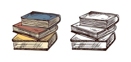 Hand drawn vintage sketch of closed books stack in color and monochrome version, engraving style illustration vector