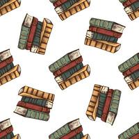 Hand-drawn vintage sketch of colorful stack of classic closed books in engraving style, isolated vector