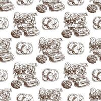 Hand drawn vintage seamless pattern of assorted bread in basket and sliced rolls in engraving sketch style vector
