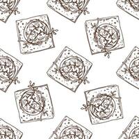Hand drawn vintage seamless pattern of decorated jam cookies with herbs in engraving sketch style in brown ink vector