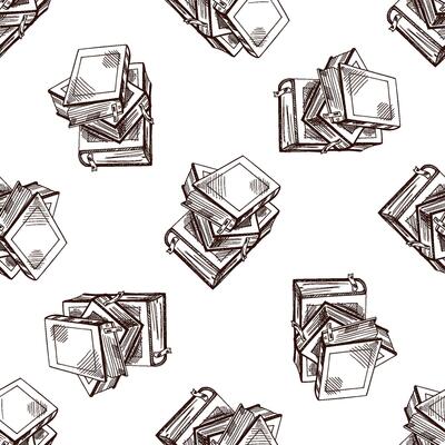 Seamless pattern with hand drawn sketch of stacked closed books in brown ink engraving style